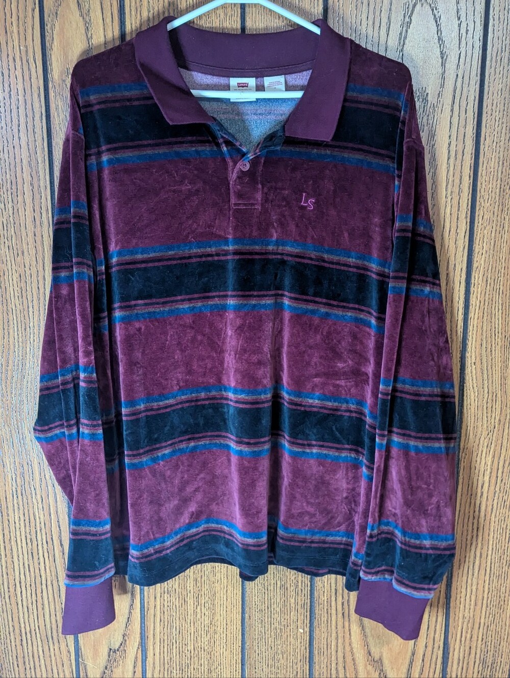 Levi's Burgundy & Blue Velvet Striped Long-Sleeve Polo Like New Condition Size M